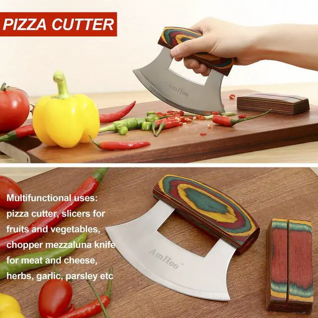 Alt view image 6 of 7 - Pizza Cutter Chef Mezzaluna Ulu Knife Handle Color Wood Grip Sharp Rocker Slicer Stainless Steel Blade Salad Onion Vegetable Chopper with Holder Base Christmas Gifts