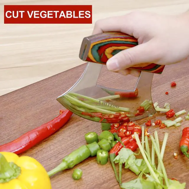 Alt view image 5 of 7 - Pizza Cutter Chef Mezzaluna Ulu Knife Handle Color Wood Grip Sharp Rocker Slicer Stainless Steel Blade Salad Onion Vegetable Chopper with Holder Base Christmas Gifts