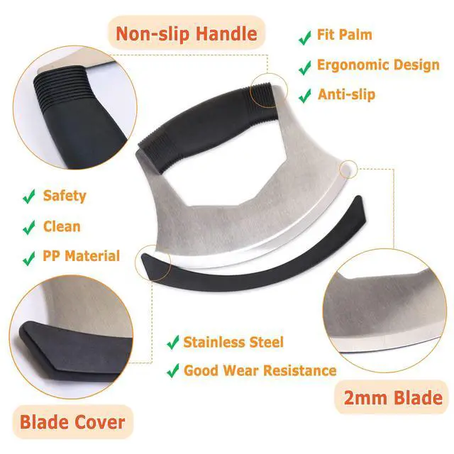 Alt view image 2 of 7 - Salad Chopper Mezzaluna Knife with Protective Cover and Anti-Slip Handle - Stainless Steel Vegetable Cutter, Onion Chopper, Pizza Cutter