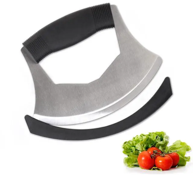 Main image of Salad Chopper Mezzaluna Knife with Protective Cover and Anti-Slip Handle - Stainless Steel Vegetable Cutter, Onion Chopper, Pizza Cutter