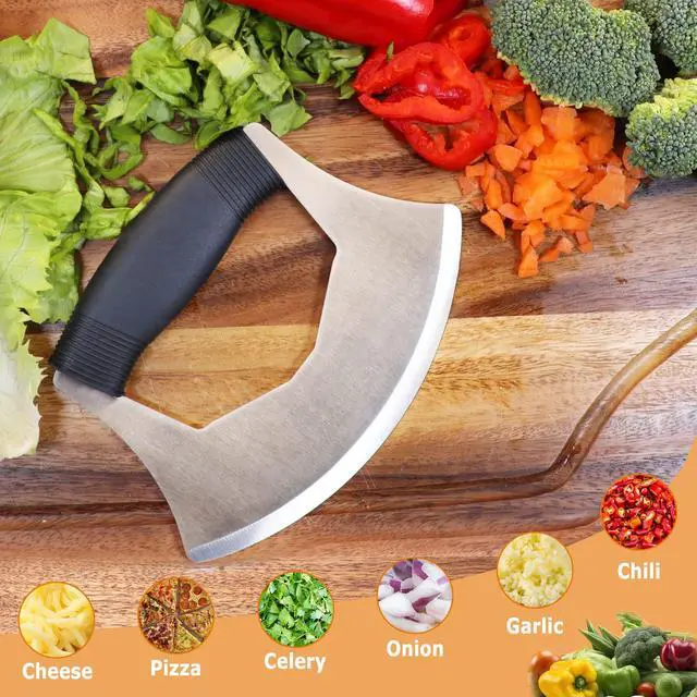 Alt view image 5 of 7 - Salad Chopper Mezzaluna Knife with Protective Cover and Anti-Slip Handle - Stainless Steel Vegetable Cutter, Onion Chopper, Pizza Cutter