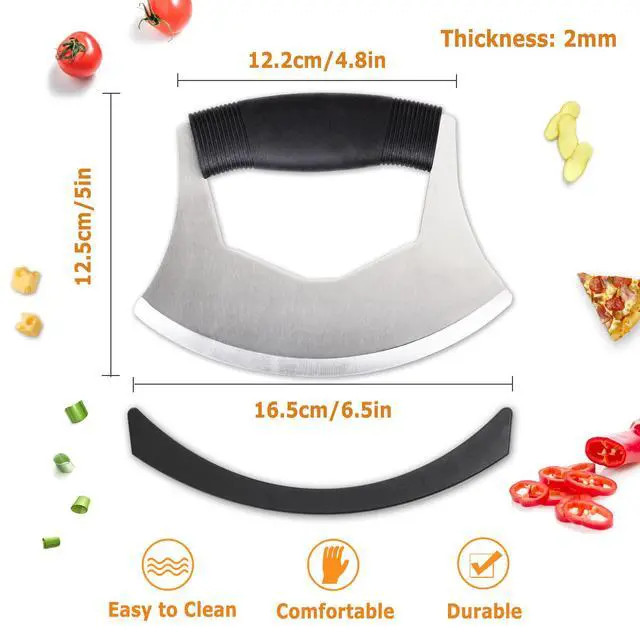 Alt view image 6 of 7 - Salad Chopper Mezzaluna Knife with Protective Cover and Anti-Slip Handle - Stainless Steel Vegetable Cutter, Onion Chopper, Pizza Cutter