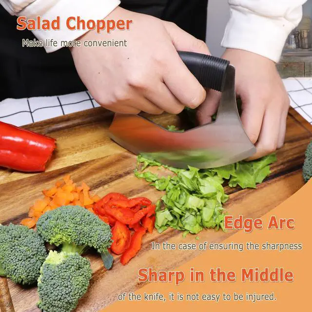 Alt view image 7 of 7 - Salad Chopper Mezzaluna Knife with Protective Cover and Anti-Slip Handle - Stainless Steel Vegetable Cutter, Onion Chopper, Pizza Cutter