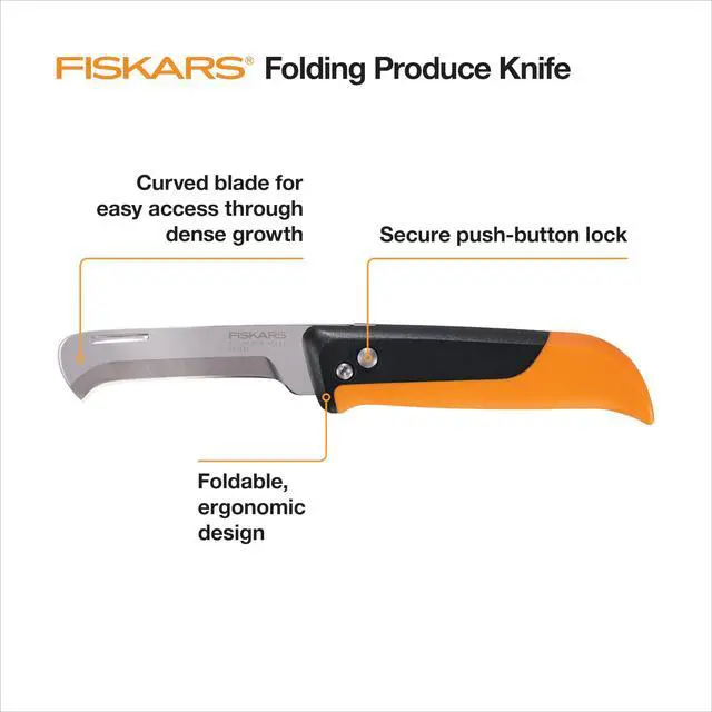 Alt view image 2 of 6 - Folding Produce Knife, Gardening Tool for Harvesting Produce with Foldable Ergonomic Design, Stainless Steel Curved Blade, Orange
