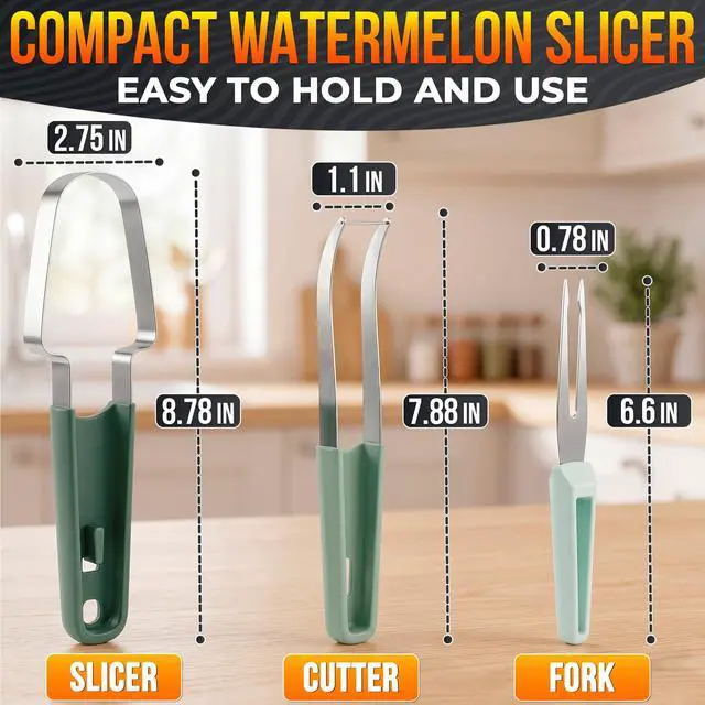 Alt view image 2 of 7 - 3-in-1 Watermelon Slicer Tool Stainless Steel Portable, Mess-Free Multi-Use Kitchen Gadget for Summer Picnic, BBQ, Pool Party, Family Hosting, Hostess Gift Idea Watermelon Cutter Slicer Tool Kit