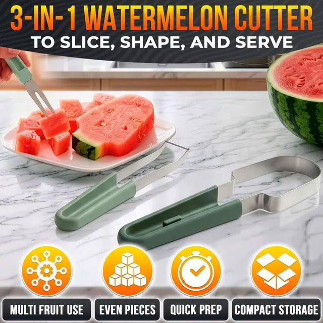Alt view image 4 of 7 - 3-in-1 Watermelon Slicer Tool Stainless Steel Portable, Mess-Free Multi-Use Kitchen Gadget for Summer Picnic, BBQ, Pool Party, Family Hosting, Hostess Gift Idea Watermelon Cutter Slicer Tool Kit
