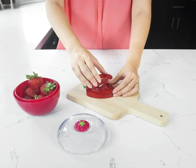 Alt view image 2 of 2 - Strawberry Slicer, Perfectly Even Fruit Cutter Tool, Ideal for Cakes, Pies and Garnishes, Cute Berry Shaped Kitchen Gadget, Stainless Steel, BPA-Free