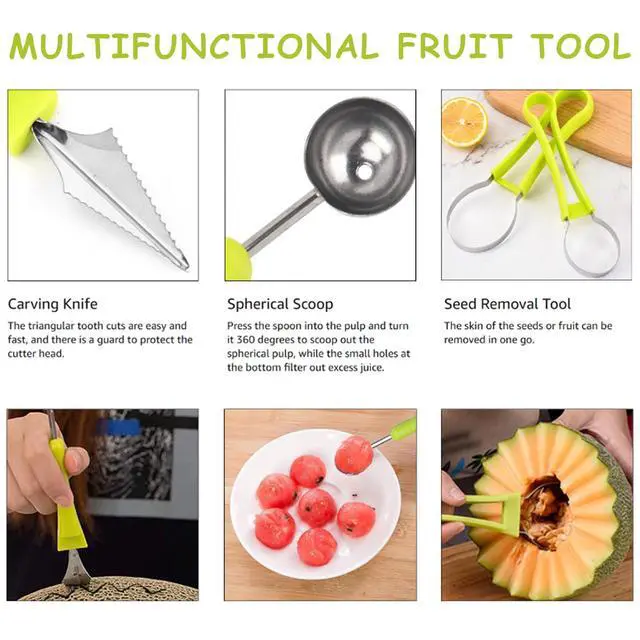 Alt view image 3 of 7 - 12-Pack Watermelon Cutter Set, 4-in-1 Fruit Cutter Shapes, Stainless Steel Slicer, Melon Baller, Seed Remover, Peeler, Kitchen Gadgets for Easy Fruit Preparation and Perfectly Shaped Fruit