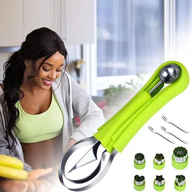 Alt view image 7 of 7 - 12-Pack Watermelon Cutter Set, 4-in-1 Fruit Cutter Shapes, Stainless Steel Slicer, Melon Baller, Seed Remover, Peeler, Kitchen Gadgets for Easy Fruit Preparation and Perfectly Shaped Fruit