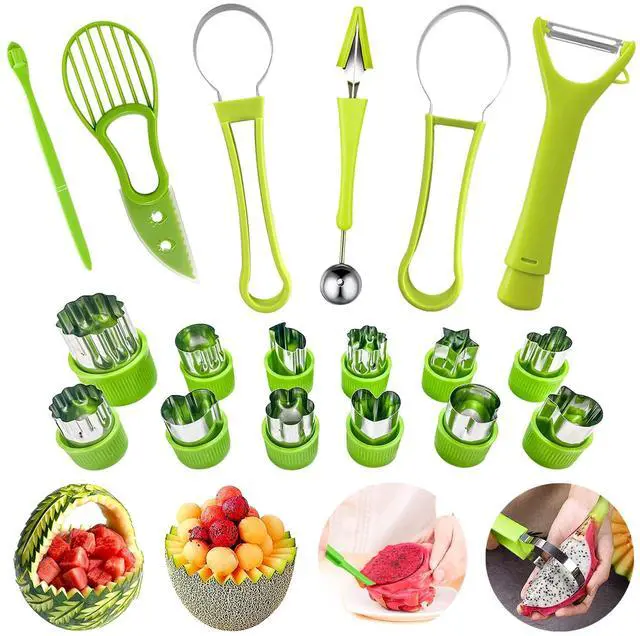 Main image of 18pcs Melon Baller Scoop Set, 4 In 1 Stainless Steel Fruit Slicer Peeler Set, Avocado Slicer Orange Peeler Fruits Vegetables Carving Tools Set with Mini Fruit Cookie Cutters Set