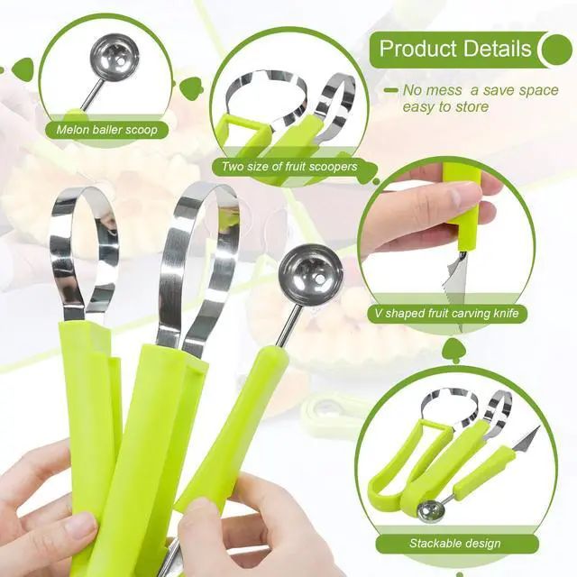 Alt view image 3 of 7 - 18pcs Melon Baller Scoop Set, 4 In 1 Stainless Steel Fruit Slicer Peeler Set, Avocado Slicer Orange Peeler Fruits Vegetables Carving Tools Set with Mini Fruit Cookie Cutters Set