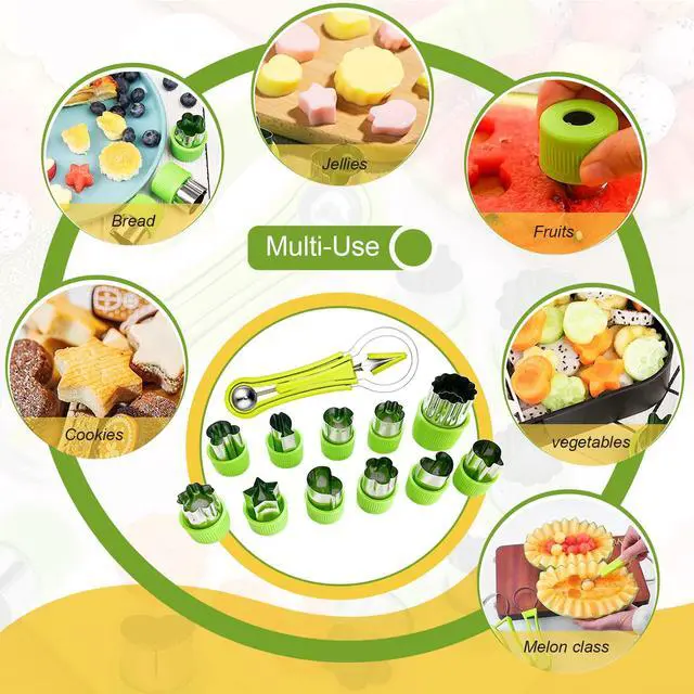 Alt view image 5 of 7 - 18pcs Melon Baller Scoop Set, 4 In 1 Stainless Steel Fruit Slicer Peeler Set, Avocado Slicer Orange Peeler Fruits Vegetables Carving Tools Set with Mini Fruit Cookie Cutters Set