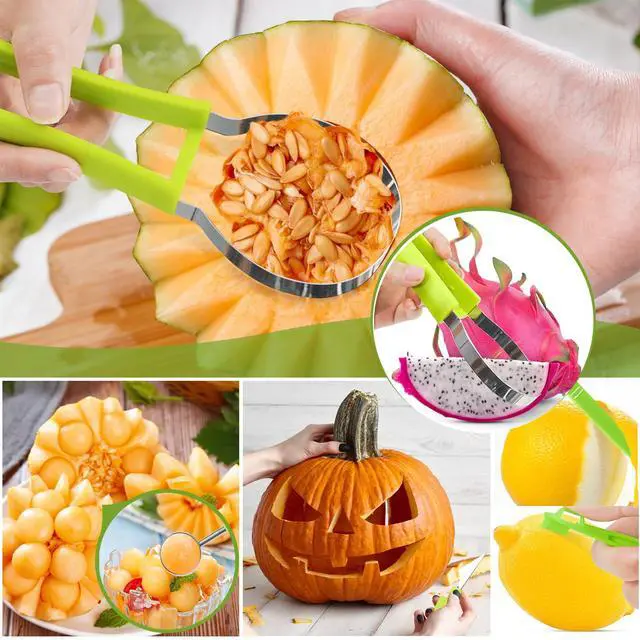 Alt view image 6 of 7 - 18pcs Melon Baller Scoop Set, 4 In 1 Stainless Steel Fruit Slicer Peeler Set, Avocado Slicer Orange Peeler Fruits Vegetables Carving Tools Set with Mini Fruit Cookie Cutters Set
