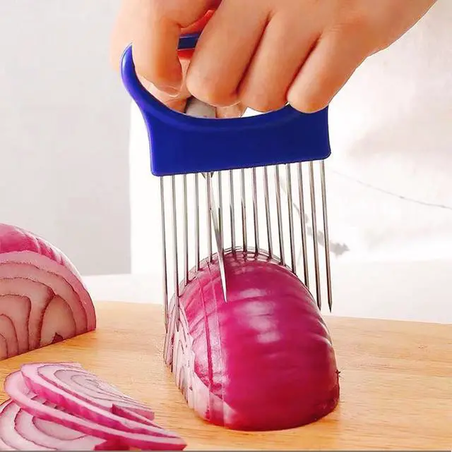 Alt view image 3 of 7 - 2pcs Onion Holder Slicer with Cover Stainless Steel Onion Cutter Vegetable Chopper Tomato Potato Onion Slicer Food Slicer Assistant Tool for Lemon Avocados Vegetables Fruit Meat