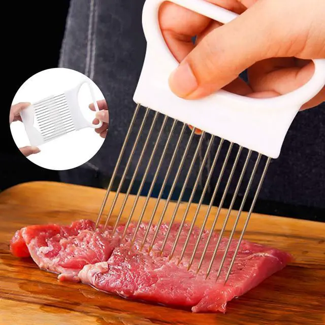 Alt view image 5 of 7 - 2pcs Onion Holder Slicer with Cover Stainless Steel Onion Cutter Vegetable Chopper Tomato Potato Onion Slicer Food Slicer Assistant Tool for Lemon Avocados Vegetables Fruit Meat