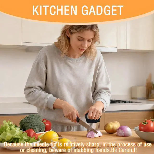 Alt view image 2 of 7 - Holder for Slicing,1PCS Stainless Steel Onion Slicer Holder,Onions Cutter,Vegetable Chopper,Lemon Slicer,Food Slicer Assistant Tool for Tomato,Potato,Avocados,Eggs,Fruit and Meat,Kitchen Gadgets