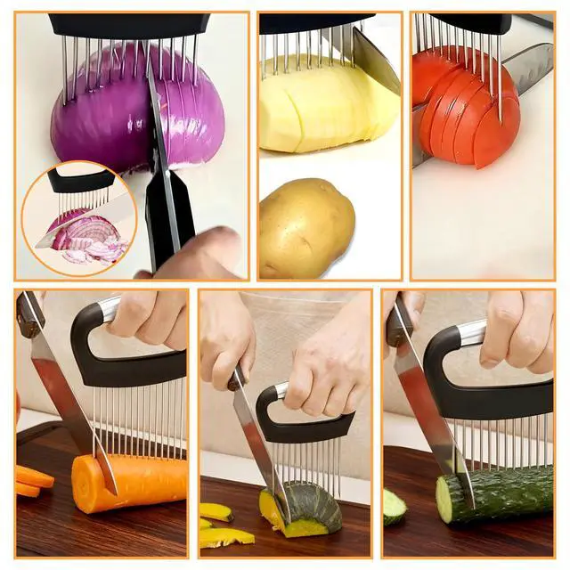 Alt view image 5 of 7 - Holder for Slicing,1PCS Stainless Steel Onion Slicer Holder,Onions Cutter,Vegetable Chopper,Lemon Slicer,Food Slicer Assistant Tool for Tomato,Potato,Avocados,Eggs,Fruit and Meat,Kitchen Gadgets
