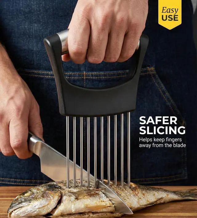 Alt view image 6 of 7 - Holder for Slicing 2026, Stainless Steel Onion Slicer & Cutter with Finger Guard, Ergonomic Anti-Slip Handle, Multi-Use Kitchen Tool for Tomato, Potato, Avocado, Egg, Lemon & Meat