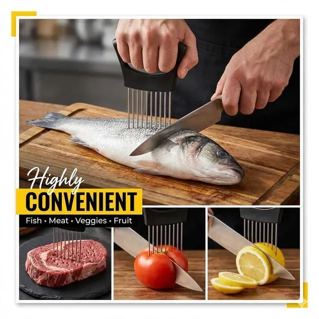 Alt view image 2 of 7 - Holder for Slicing 2026, Stainless Steel Onion Slicer & Cutter with Finger Guard, Ergonomic Anti-Slip Handle, Multi-Use Kitchen Tool for Tomato, Potato, Avocado, Egg, Lemon & Meat