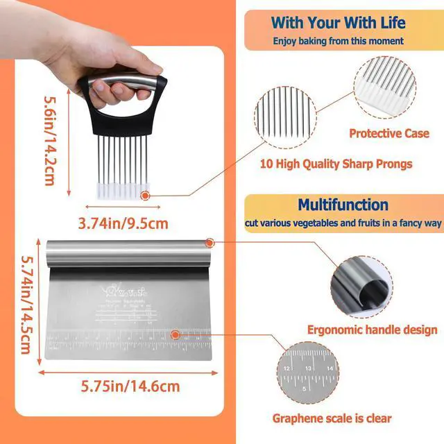 Alt view image 3 of 7 - Bench Scraper Dough Chopper Onion Holder for Slicing Slicer Onion Cutter with Protective Cover and Anti-Slip Handle Stainless Steel Chopper for Potato, Tomato, Avocados, Eggs, Vegetable, Onions