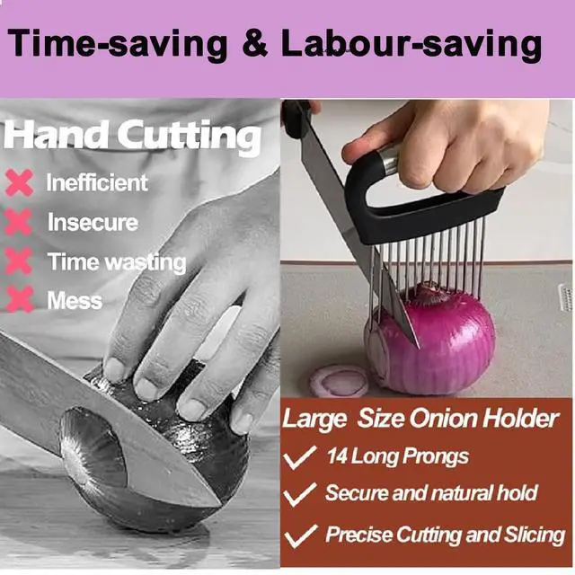 Alt view image 5 of 7 - Holder for Slicing, Large Onion Cutter Vegetable Chopper,Stainless Steel Lemon Slicer with 14 Needles,Kitchen Chopper Slicing Assistant Tool for Tomato Potato Avocados Eggs Meat Chopper