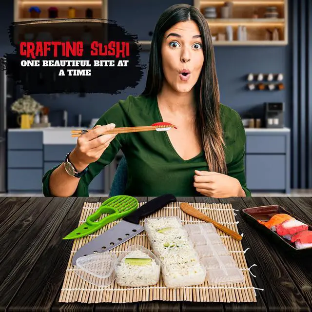 Alt view image 4 of 7 - Sushi Making Kit, 22-in-1 Sushi Bazooka Sushi Roller bamboo sushi rolling mat Includes Avocado Slicer, Sushi Knife, Sushi Mold, Chopsticks, DIY Kit Tool Sushi making set for Beginners