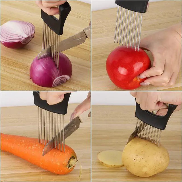 Alt view image 4 of 7 - 3 Pcs Onion Slicer Holder, All purpose Food Slicer Assistant Tool for Cucumber, Tomato, Potato, Egg, Avocados, Fruit Lemon and Meat
