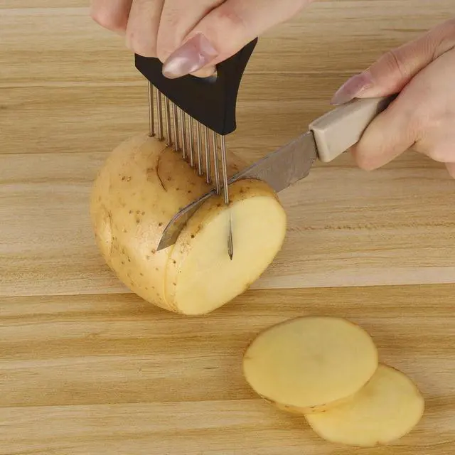 Alt view image 5 of 7 - 3 Pcs Onion Slicer Holder, All purpose Food Slicer Assistant Tool for Cucumber, Tomato, Potato, Egg, Avocados, Fruit Lemon and Meat