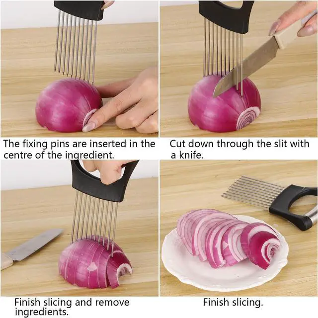 Alt view image 6 of 7 - 3 Pcs Onion Slicer Holder, All purpose Food Slicer Assistant Tool for Cucumber, Tomato, Potato, Egg, Avocados, Fruit Lemon and Meat