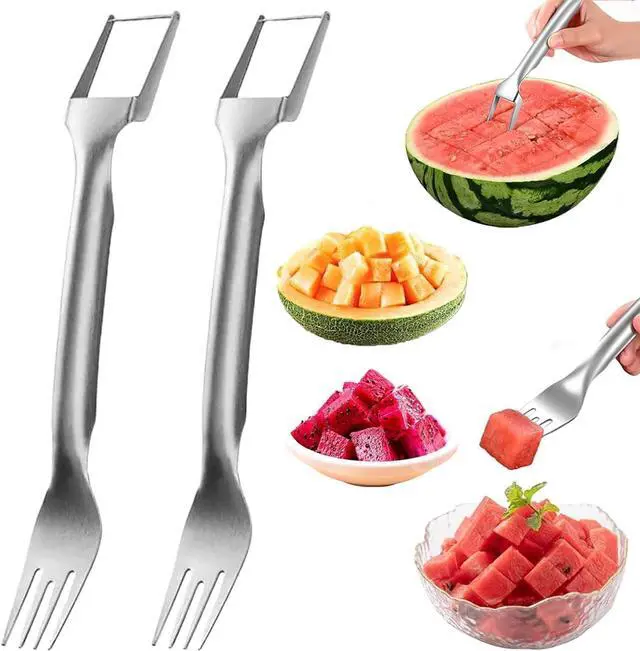 Main image of 2-in-1 Stainless Steel Fruit Cutter, Watermelon Cutter, Dual Head Watermelon Fork Slicer Tool, Summer Fruit Cutting Kitchen Gadget
