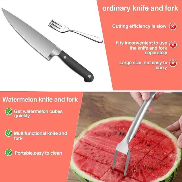 Alt view image 4 of 7 - 2-in-1 Stainless Steel Fruit Cutter, Watermelon Cutter, Dual Head Watermelon Fork Slicer Tool, Summer Fruit Cutting Kitchen Gadget