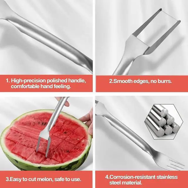 Alt view image 5 of 7 - 2-in-1 Stainless Steel Fruit Cutter, Watermelon Cutter, Dual Head Watermelon Fork Slicer Tool, Summer Fruit Cutting Kitchen Gadget