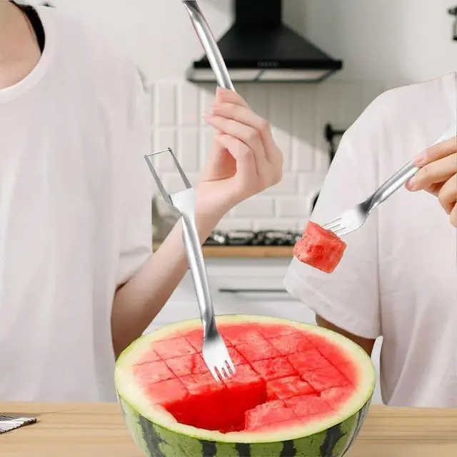 Alt view image 2 of 7 - 2-in-1 Stainless Steel Fruit Cutter, Watermelon Cutter, Dual Head Watermelon Fork Slicer Tool, Summer Fruit Cutting Kitchen Gadget
