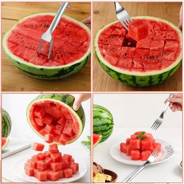 Alt view image 6 of 7 - 2-in-1 Stainless Steel Fruit Cutter, Watermelon Cutter, Dual Head Watermelon Fork Slicer Tool, Summer Fruit Cutting Kitchen Gadget