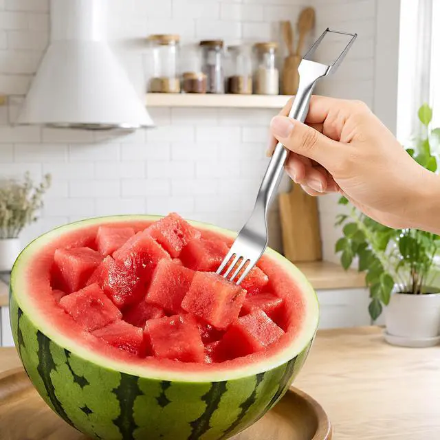Alt view image 7 of 7 - 2-in-1 Stainless Steel Fruit Cutter, Watermelon Cutter, Dual Head Watermelon Fork Slicer Tool, Summer Fruit Cutting Kitchen Gadget