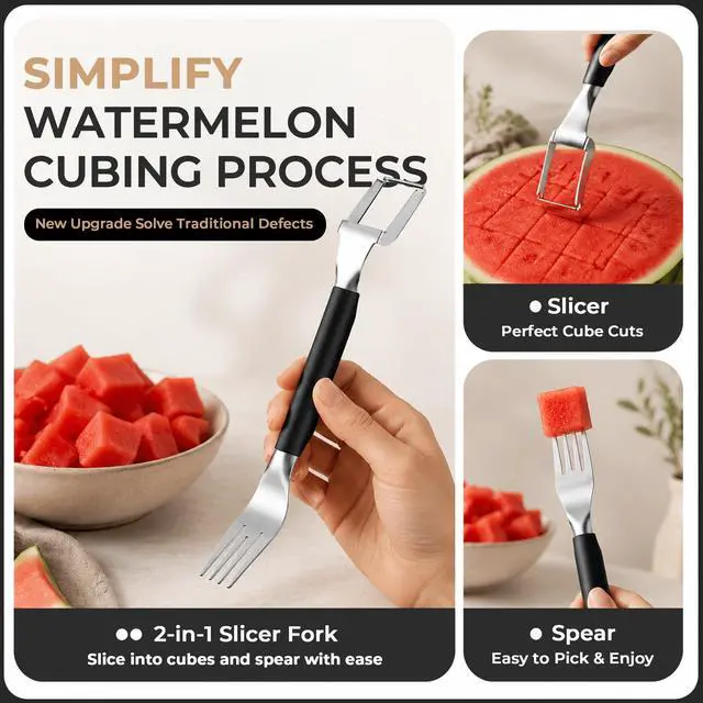 Alt view image 3 of 7 - 2-in-1 Stainless Steel Watermelon Cutter, Dual Head Fruit Slicer Fork, Summer Kitchen Gadget for Home