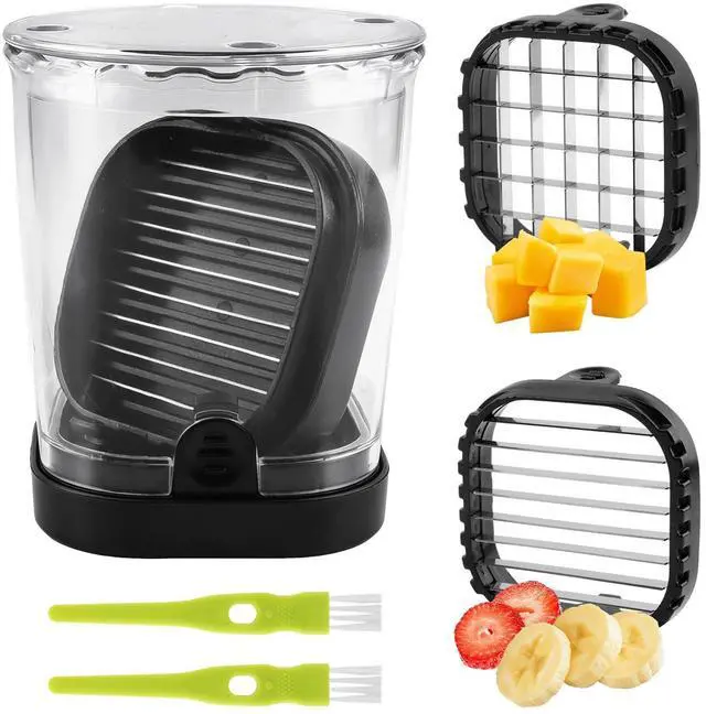 Main image of 2-in-1 Fruit Slicer & Dicer, Detachable Strawberry Cutter with Lid, Fruit Cup Slicers with Push Plate, Kitchen Gadget for Egg, Bananas, Cucumbers, Mushrooms, Vegetable Cutter, 2 Blades