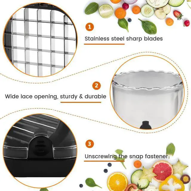 Alt view image 5 of 7 - 2-in-1 Fruit Slicer & Dicer, Detachable Strawberry Cutter with Lid, Fruit Cup Slicers with Push Plate, Kitchen Gadget for Egg, Bananas, Cucumbers, Mushrooms, Vegetable Cutter, 2 Blades