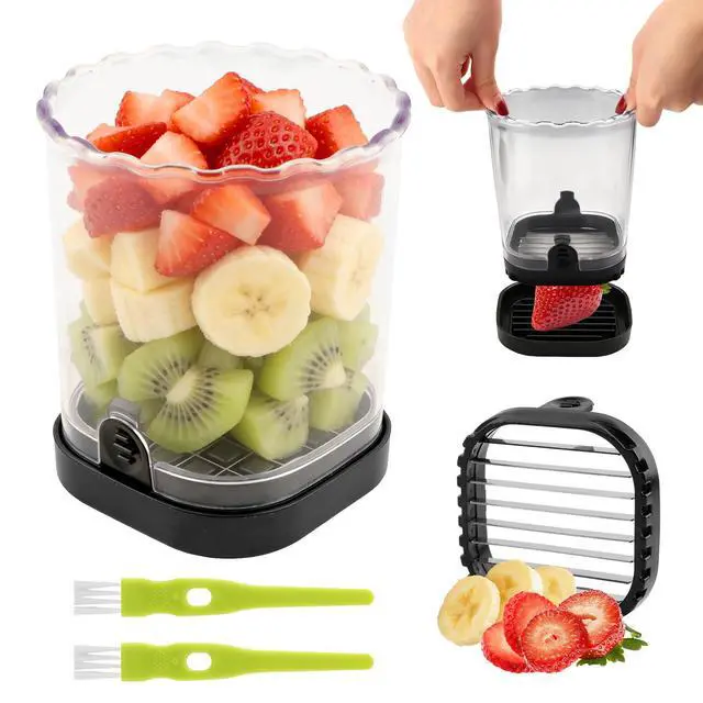 Alt view image 2 of 7 - 2-in-1 Fruit Slicer & Dicer, Detachable Strawberry Cutter with Lid, Fruit Cup Slicers with Push Plate, Kitchen Gadget for Egg, Bananas, Cucumbers, Mushrooms, Vegetable Cutter, 2 Blades