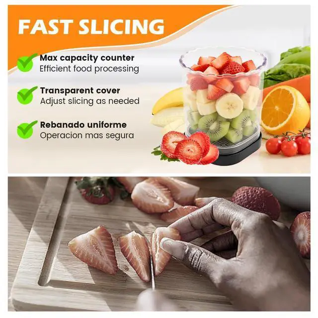 Alt view image 6 of 7 - 2-in-1 Fruit Slicer & Dicer, Detachable Strawberry Cutter with Lid, Fruit Cup Slicers with Push Plate, Kitchen Gadget for Egg, Bananas, Cucumbers, Mushrooms, Vegetable Cutter, 2 Blades