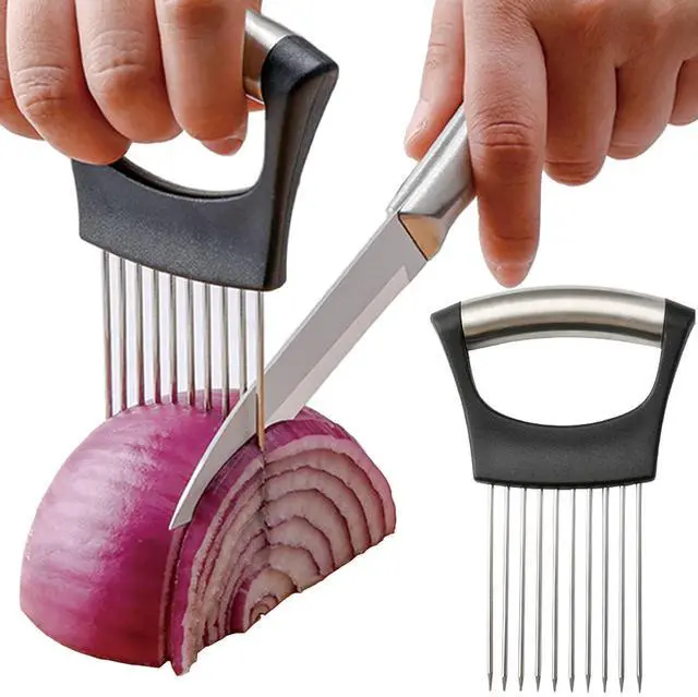Main image of Onion Holder for Slicing, Stainless Steel Lemon Slicer Vegetable Cutter Onion Slicer Holder, Kitchen Chopper Slicing Assistant Tool for Potato Tomato Cucumber Avocados Fruits Eggs Meat