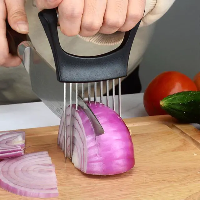 Alt view image 3 of 7 - Onion Holder for Slicing, Stainless Steel Lemon Slicer Vegetable Cutter Onion Slicer Holder, Kitchen Chopper Slicing Assistant Tool for Potato Tomato Cucumber Avocados Fruits Eggs Meat