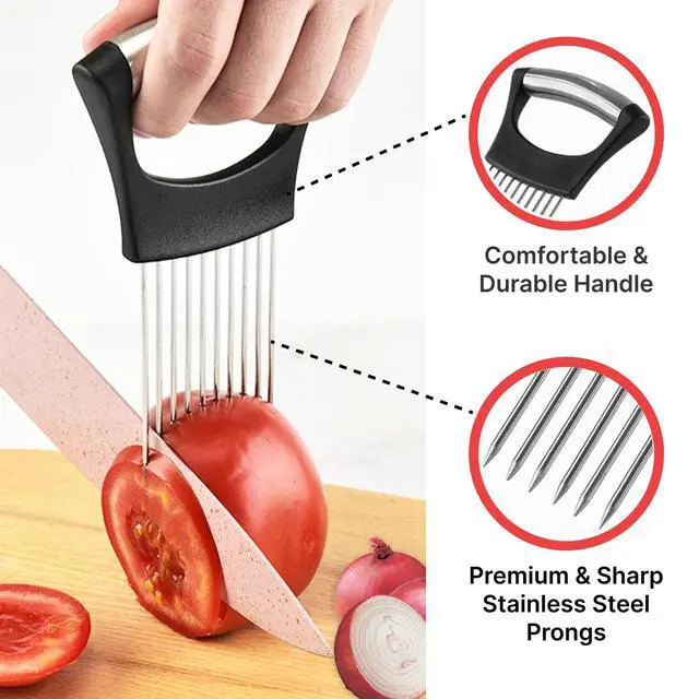 Alt view image 4 of 6 - Holder For Slicing, Stainless Steel Onion Cutter, Vegtable And Fruit Slicer, Onion Slicing Tool Of Potato, Egg, Avocado, Meat, Lemon And Other Kitchen Utensils