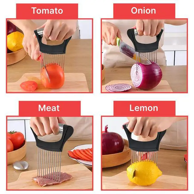 Alt view image 6 of 6 - Holder For Slicing, Stainless Steel Onion Cutter, Vegtable And Fruit Slicer, Onion Slicing Tool Of Potato, Egg, Avocado, Meat, Lemon And Other Kitchen Utensils