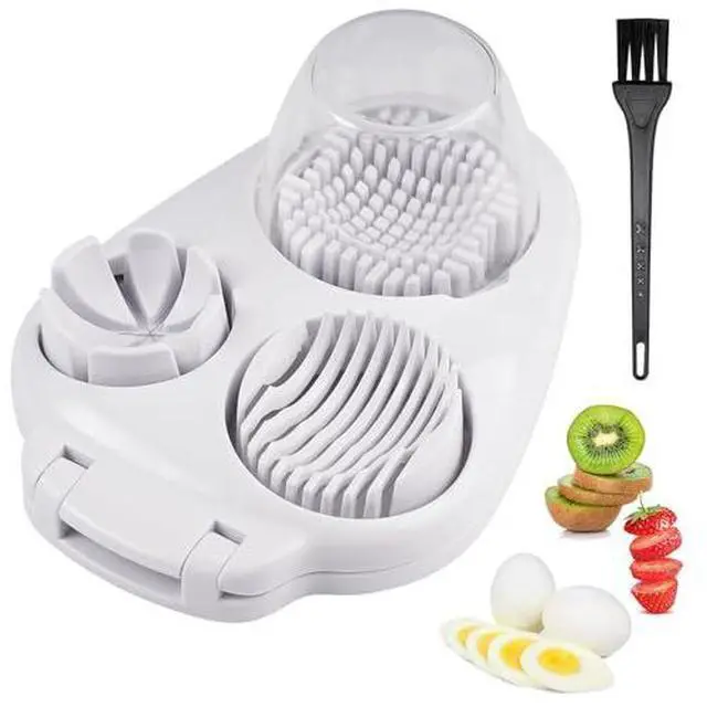 Main image of 3 in 1 Egg Slicer for Hard Boiled Eggs with Cleaning Brush, Multipurpose 3-Way Cutter with 3 Slice Modes, Heavy Duty, Hard Boiled Egg Cutter & Fruit Slicer, Dishwasher Safe (White)