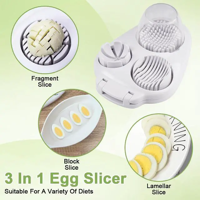 Alt view image 2 of 7 - 3 in 1 Egg Slicer for Hard Boiled Eggs with Cleaning Brush, Multipurpose 3-Way Cutter with 3 Slice Modes, Heavy Duty, Hard Boiled Egg Cutter & Fruit Slicer, Dishwasher Safe (White)