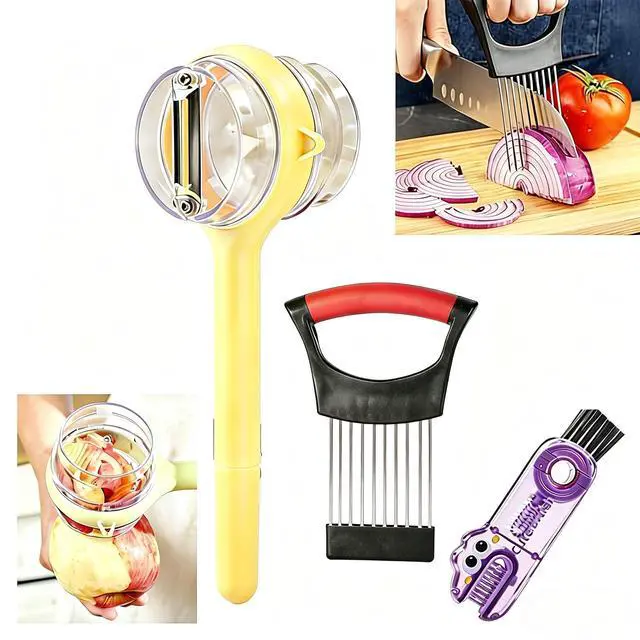 Main image of 3-Piece Kitchen Set Stainless Steel Onion Holder Slicer with 10 Forks, Peeler with Storage Box, 3-in-1 Cup Lid & Gap Brush for Slicing Potato, Avocado, Eggs, Lemon, Meat