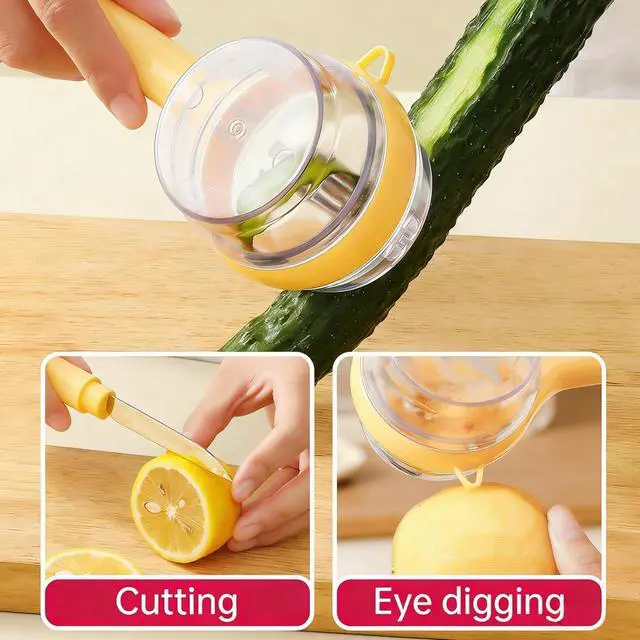 Alt view image 3 of 7 - 3-Piece Kitchen Set Stainless Steel Onion Holder Slicer with 10 Forks, Peeler with Storage Box, 3-in-1 Cup Lid & Gap Brush for Slicing Potato, Avocado, Eggs, Lemon, Meat