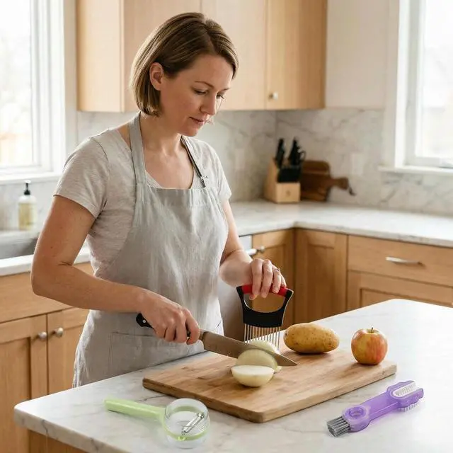 Alt view image 6 of 7 - 3-Piece Kitchen Set Stainless Steel Onion Holder Slicer with 10 Forks, Peeler with Storage Box, 3-in-1 Cup Lid & Gap Brush for Slicing Potato, Avocado, Eggs, Lemon, Meat