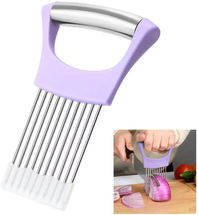 Main image of Stainless Steel Onion Holder for Slicing,Onion Slicer Holder, Onion Cutter for Slicing of Onions, Tomatoes,Avocados,Eggs and Other Vegetables,Kitchen Utensils Gift (Purple)
